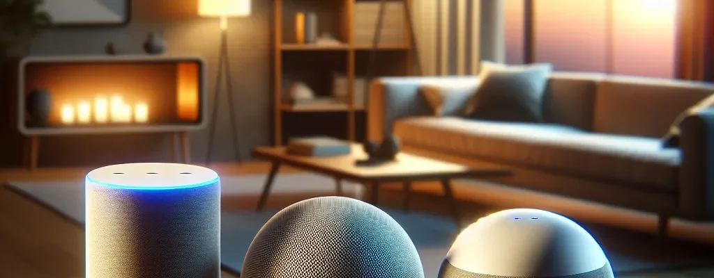"Comparativa de asistentes de hogar inteligente: Alexa, Google Home y HomeKit con interfaces y dispositivos representativos"