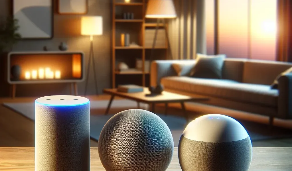 "Comparativa de asistentes de hogar inteligente: Alexa, Google Home y HomeKit con interfaces y dispositivos representativos"