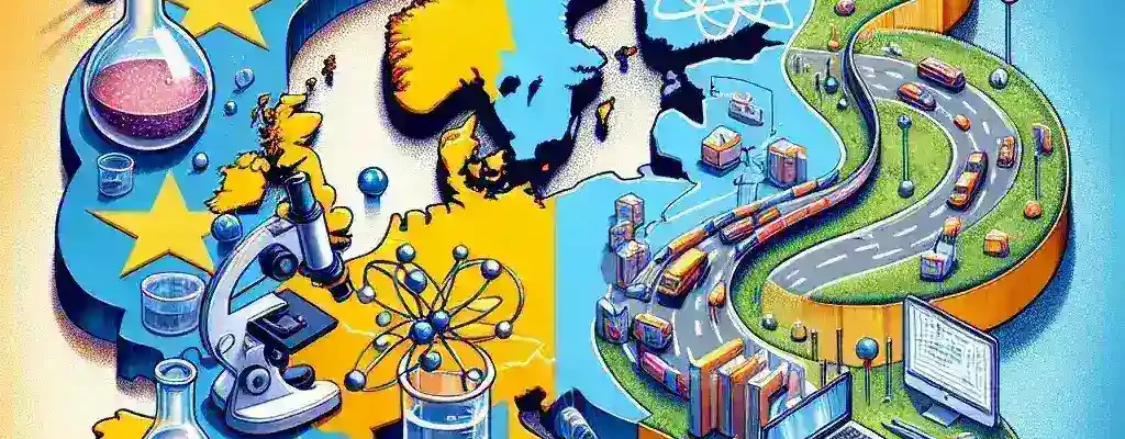 "Gráfico que ilustra la paradoja europea del liderazgo en investigación científica frente al rezago en el desarrollo de empresas tecnológicas, destacando estadísticas clave y comparativas en innovación y competitividad."