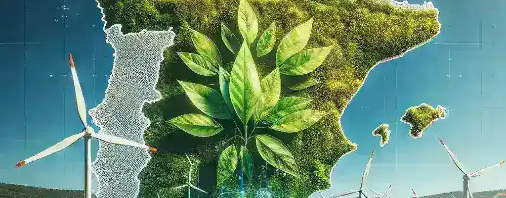 "Imagen de una planta de energía de hidrógeno verde en España, mostrando paneles solares y turbinas eólicas bajo un cielo azul, simbolizando la inversión en proyectos sostenibles y la supervisión digital en el sector energético."