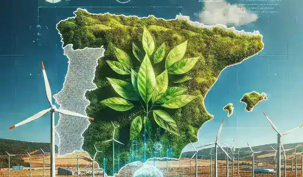 "Imagen de una planta de energía de hidrógeno verde en España, mostrando paneles solares y turbinas eólicas bajo un cielo azul, simbolizando la inversión en proyectos sostenibles y la supervisión digital en el sector energético."