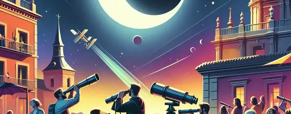 "Participantes disfrutan de actividades interactivas organizadas en España para celebrar el eclipse de septiembre, incluyendo telescopios y talleres educativos sobre astronomía."