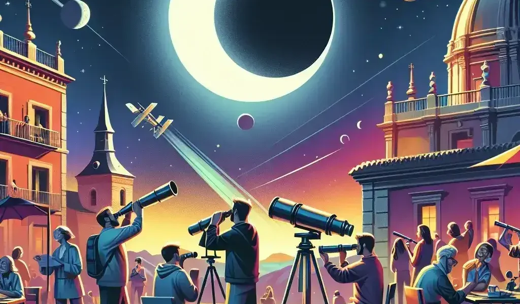 "Participantes disfrutan de actividades interactivas organizadas en España para celebrar el eclipse de septiembre, incluyendo telescopios y talleres educativos sobre astronomía."